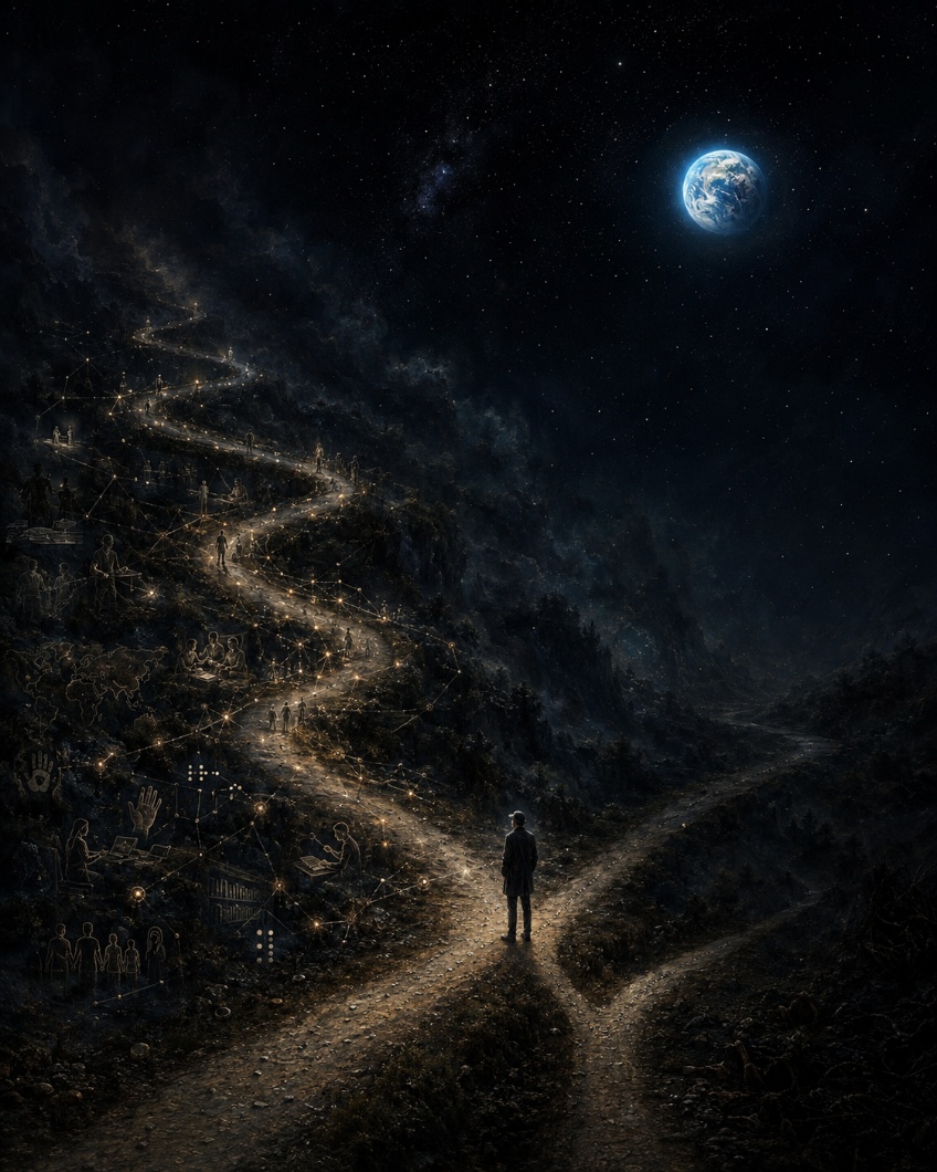 Ilustração: um caminho luminoso serpenteia por uma paisagem noturna estrelada. Uma silhueta caminha em direção ao horizonte, sob um planeta azul.
