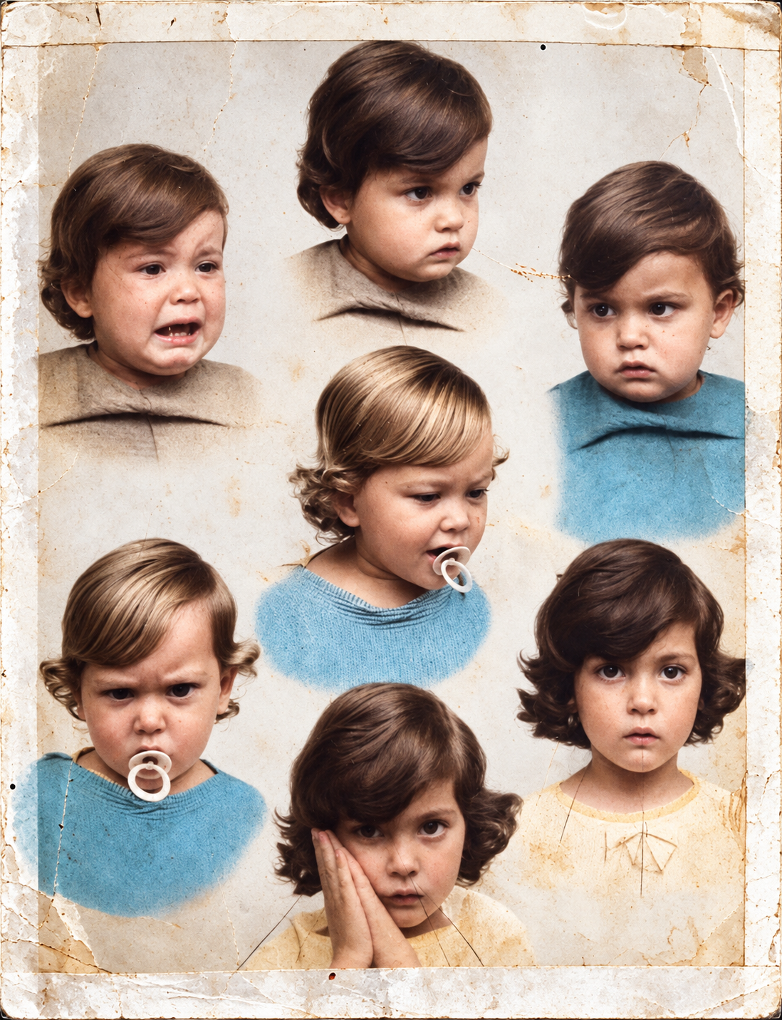 Montagem de sete retratos de crianças, reunidos em uma única imagem em preto e branco, com alguns detalhes coloridos.